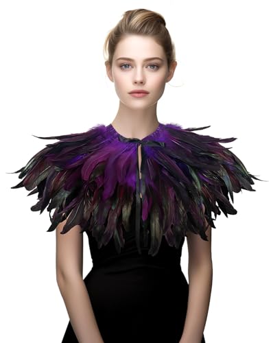 Gothic Black Feather Shawl Victorian Costume Shrug Halloween Cosplay Feather Wrap Lace Neck