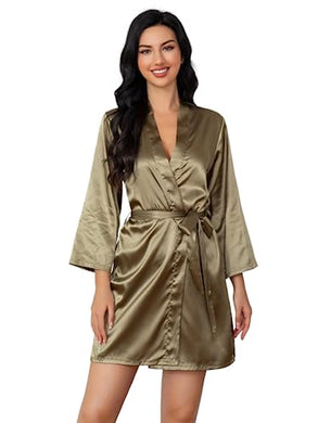 V Neck Satin Robe for Women, 3/4 Sleeve Short House Robe With Belt, Pure Color Kimono Bathrobe, Bridal Party Robes