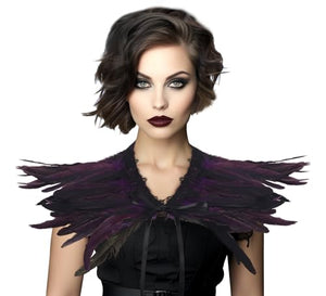 Gothic Black Feather Shawl Victorian Costume Shrug Halloween Cosplay Feather Wrap Lace Neck