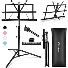 Load image into Gallery viewer, CAHAYA 2 in 1 Dual Use Extra Stable Reinforced Folding Sheet Music Stand &amp; Desktop Book Stand Lightweight Portable Adjustable with Carrying Bag, Metal Music Stand with Music Sheet Clip Holder CY0204