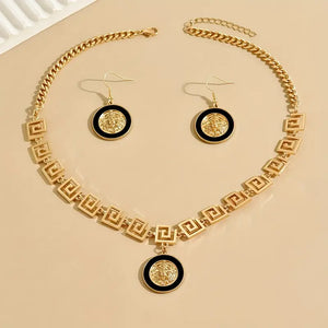 18K Gold-Plated Enamel Lion Head &amp; Great Wall Necklace and Earrings - Elegant Jewelry Set