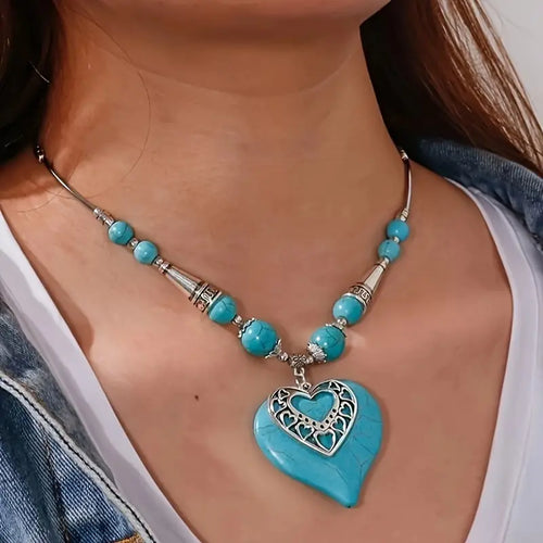 Bohemian Ethnic Style Turquoise Heart Pendant With Multiple Elements Hollow Heart-Shaped Necklace