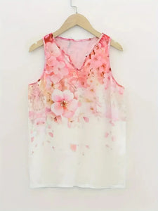 Floral Print Notched Neck Tank Top, Vintage Sleeveless Tank Top For Summer -Size: L