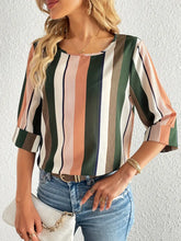 Load image into Gallery viewer, 3/4 Sleeve Striped Print Casual Crew Neck Blouse - Soft Polyester Fabric, Versatile Regular Length,Size: L