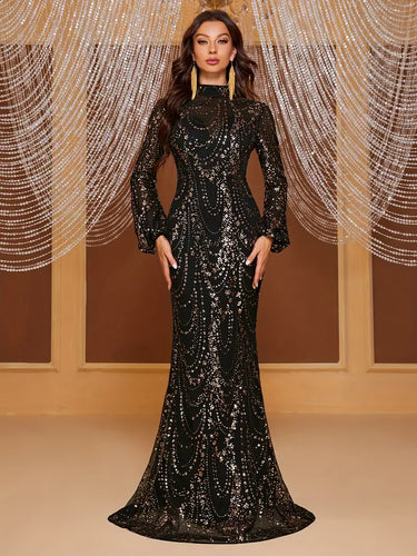 Elegant Sequined Mermaid Dress: High Neck, Long Sleeve, Fitted All-Season Gown for Celebrations & Parties, S