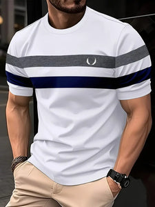 Men's Crew Neck Short Sleeve Stripe Pattern T-Shirt - Soft Slight Stretch Polyester Fabric, Casual Chic Top- L