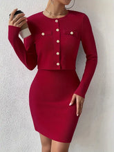 Load image into Gallery viewer, Chic Two-Piece Vintage Slim Dress Set - Long Sleeve Button Front Jacket, Body-Con Spaghetti Strap Dress - S