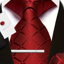 Load image into Gallery viewer, Men&#39;s Elegant 4pcs Tie Set With Plaid Design - Includes Classic Fashion Necktie, Pocket Square, Clip, and Cufflinks - Red