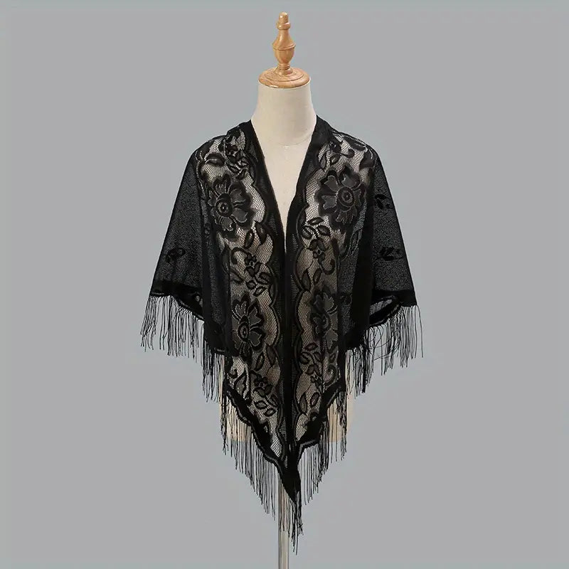 Flower Embroidery Triangle Tassel Scarf Solid Color Hollow Shawl Outdoor Sunscreen Travel Head Wrap