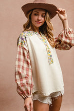 Load image into Gallery viewer, BiBi Floral Notched Plaid Balloon Sleeve Top for Girls and Women