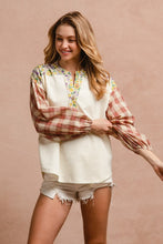 Load image into Gallery viewer, BiBi Floral Notched Plaid Balloon Sleeve Top for Girls and Women