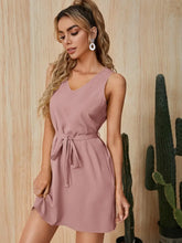 Load image into Gallery viewer, Solid Color V-neck Tank Dress, Elegant Tie Waist Sleeveless Dress For Spring &amp; Summer - Size: S