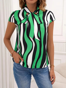 Stylish Abstract Ripple Print Blouse - High Neck, Micro Elastic, Random Printed, Casual Tie Neck Cap Sleeve Shirt for Women - M