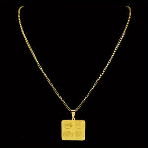 Classic Religious Symbol Pendant Necklace: Islamic Quran (4 Ghol) Verse Charm, 18K Plated, Stainless Steel