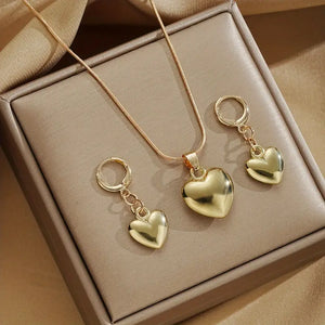 Golden Heart Drop Earrings and Necklace Jewelry Set - Chic, Versatile, and Durable