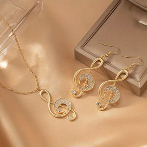 Golden Music Symbol Design Shiny Rhinestone Inlaid Dangle Earrings & Pendant Necklace Music Festival Earrings