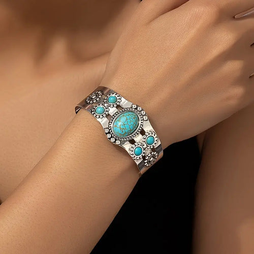 Boho-Chic Turquoise Inlay Open Cuff Bracelet - Vintage Silvery Plated Alloy, Perfect For Everyday & Vacation Wear