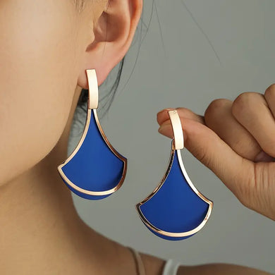 Elegant Enamel Fan-Shaped Hollow Drop Earrings, Blue & 14K Gold Plated Layered Color Block