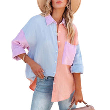 Load image into Gallery viewer, Women&#39;s Color Block Long Sleeve Button Down Boyfriend Shirt Blouses