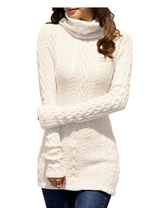 Women Polo Neck Long Slim Fitted Dress Bodycon Turtleneck Cable Knit Sweater