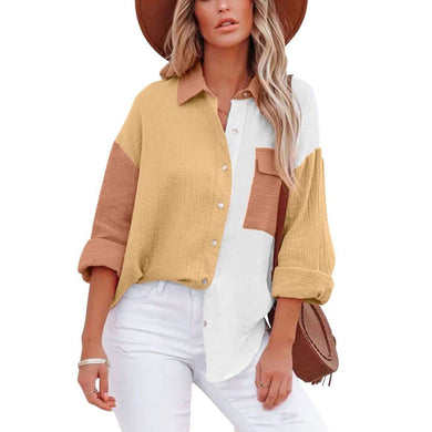 Women's Color Block Long Sleeve Button Down Boyfriend Shirt Blouses