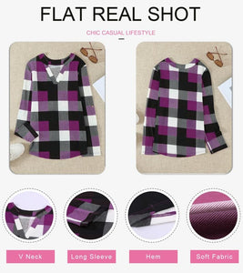 Womens Basic Casual V Neck Plaid Print Cotton Cuffed Long Sleeve Work Tops Blouses Shirts S-3XL