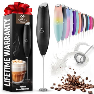 Zulay Kitchen Milk Frother Wand Drink Mixer - Durable Handheld Milk Frother Electric Whisk - Easy-Clean Milk Frother Wand & Mini Blender - Electric Coffee Frother for Frappe, Matcha - Jet Black