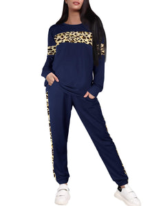 Leopard Sweatsuits Women 2 Piece Sets Crew neck Long Sleeve Tops Pants, Tracksuit with Pockets