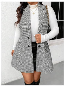 Women's Plus Size Tweed Coat Houndstooth Print Lapel Neck Single Breasted Vest Outerwear