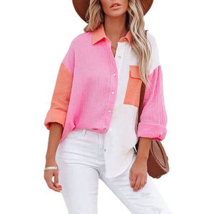 Women's Color Block Long Sleeve Button Down Boyfriend Shirt Blouses