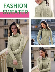 Women Polo Neck Long Slim Fitted Dress Bodycon Turtleneck Cable Knit Sweater