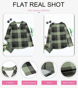 Womens Basic Casual V Neck Plaid Print Cotton Cuffed Long Sleeve Work Tops Blouses Shirts S-3XL