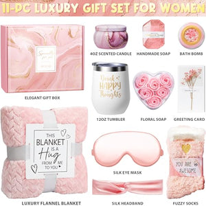 Self Care Gifts, Rose Relaxing Spa Gifts Basket w/ Luxury Flannel Blanket, Unique Valentines Day Gifts for Her