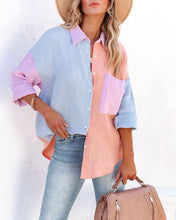 Load image into Gallery viewer, Women&#39;s Color Block Long Sleeve Button Down Boyfriend Shirt Blouses