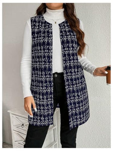 Women's Plus Size Tweed Blazer Vest Plaid Open Front Sleeveless Work Outerwear Jacket