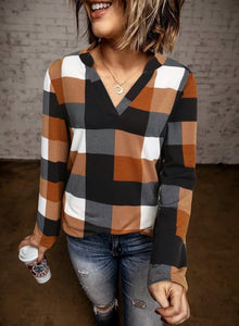 Womens Basic Casual V Neck Plaid Print Cotton Cuffed Long Sleeve Work Tops Blouses Shirts S-3XL