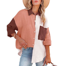 Load image into Gallery viewer, Women&#39;s Color Block Long Sleeve Button Down Boyfriend Shirt Blouses