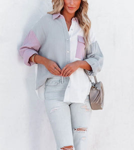 Women's Color Block Long Sleeve Button Down Boyfriend Shirt Blouses