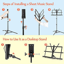 Load image into Gallery viewer, CAHAYA 2 in 1 Dual Use Extra Stable Reinforced Folding Sheet Music Stand &amp; Desktop Book Stand Lightweight Portable Adjustable with Carrying Bag, Metal Music Stand with Music Sheet Clip Holder CY0204