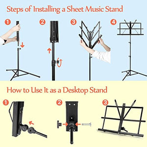 CAHAYA 2 in 1 Dual Use Extra Stable Reinforced Folding Sheet Music Stand & Desktop Book Stand Lightweight Portable Adjustable with Carrying Bag, Metal Music Stand with Music Sheet Clip Holder CY0204