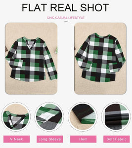 Womens Basic Casual V Neck Plaid Print Cotton Cuffed Long Sleeve Work Tops Blouses Shirts S-3XL