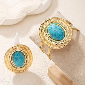 Fashion Vintage-Inspired Blue Turquoise Geometric Bangle & Ring Set for Women, An Imitation from Persian Queens Jewelries.