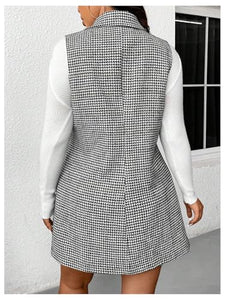 Women's Plus Size Tweed Coat Houndstooth Print Lapel Neck Single Breasted Vest Outerwear