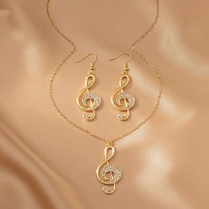 Golden Music Symbol Design Shiny Rhinestone Inlaid Dangle Earrings & Pendant Necklace Music Festival Earrings