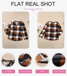 Womens Basic Casual V Neck Plaid Print Cotton Cuffed Long Sleeve Work Tops Blouses Shirts S-3XL