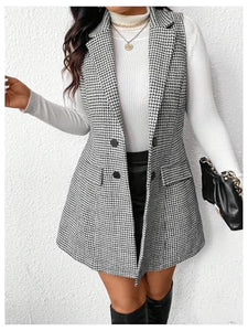 Women's Plus Size Tweed Coat Houndstooth Print Lapel Neck Single Breasted Vest Outerwear