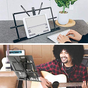 CAHAYA 2 in 1 Dual Use Extra Stable Reinforced Folding Sheet Music Stand & Desktop Book Stand Lightweight Portable Adjustable with Carrying Bag, Metal Music Stand with Music Sheet Clip Holder CY0204