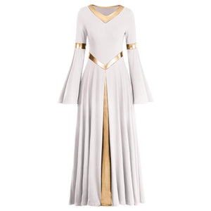 ODASDO Women Praise Dance Dresses Liturgical Worship Dancewear Golden Metallic Loose Fit Full Length Robe