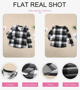 Womens Basic Casual V Neck Plaid Print Cotton Cuffed Long Sleeve Work Tops Blouses Shirts S-3XL