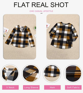 Womens Basic Casual V Neck Plaid Print Cotton Cuffed Long Sleeve Work Tops Blouses Shirts S-3XL